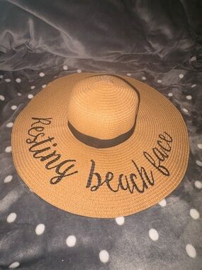 Wide-Brim Straw Beach Hat - "Resting Beach Face" - Tan with Black Trim